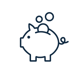 Dieses Icon zeigt ein Sparschwein über dem drei Münzen zu sehen sind. Eine davon steckt zum Teil in dem Schlitz der Spardose.