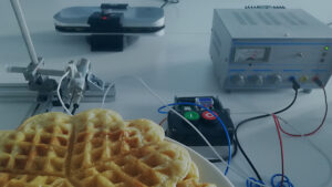 Titelbild mit Blick auf den Versuchsaufbau der thermischen Kalibrierung mit einer Waffel im Vordergrun