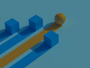 Das Beitragsbild des Blogartikels zeigt vier Formen – drei blaue Würfel und eine orange Kugel. Die Kugel bewegt sich schneller und steht hier für die optimierte Produktion.