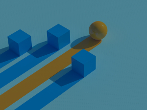 Das Beitragsbild des Blogartikels zeigt vier Formen – drei blaue Würfel und eine orange Kugel. Die Kugel bewegt sich schneller und steht hier für die optimierte Produktion.