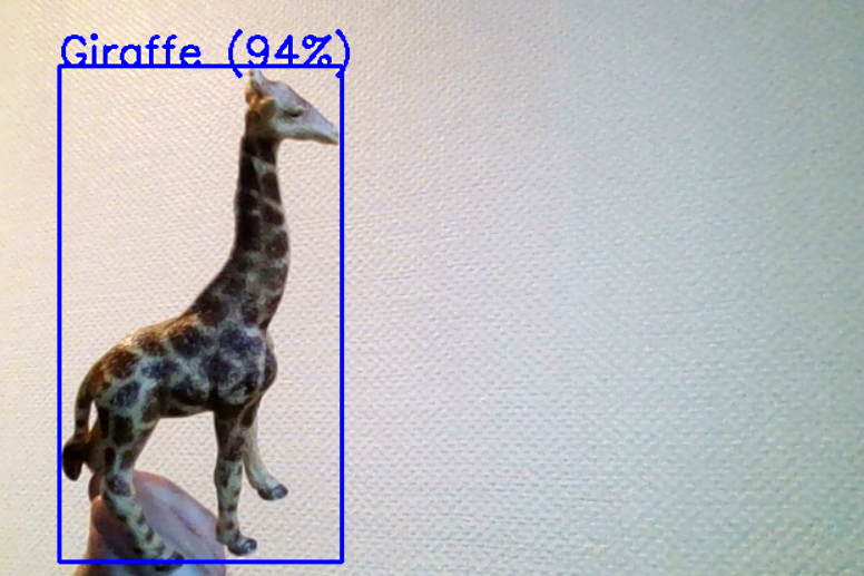 Das Titelbild des Beitrages zeigt eine Spielzeugfigur in Form einer Giraffe. Um sie herum befindet sich ein Rahmen mit der Information, dass sie von YOLO zu 94% als Giraffe erkannt wird.