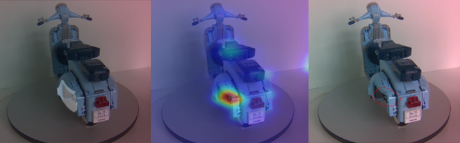 Foto der realen Vespa mit überblendeter Maske von fehlendem Teil (links), Heatmap (mitte) und Segmentierung (rechts).